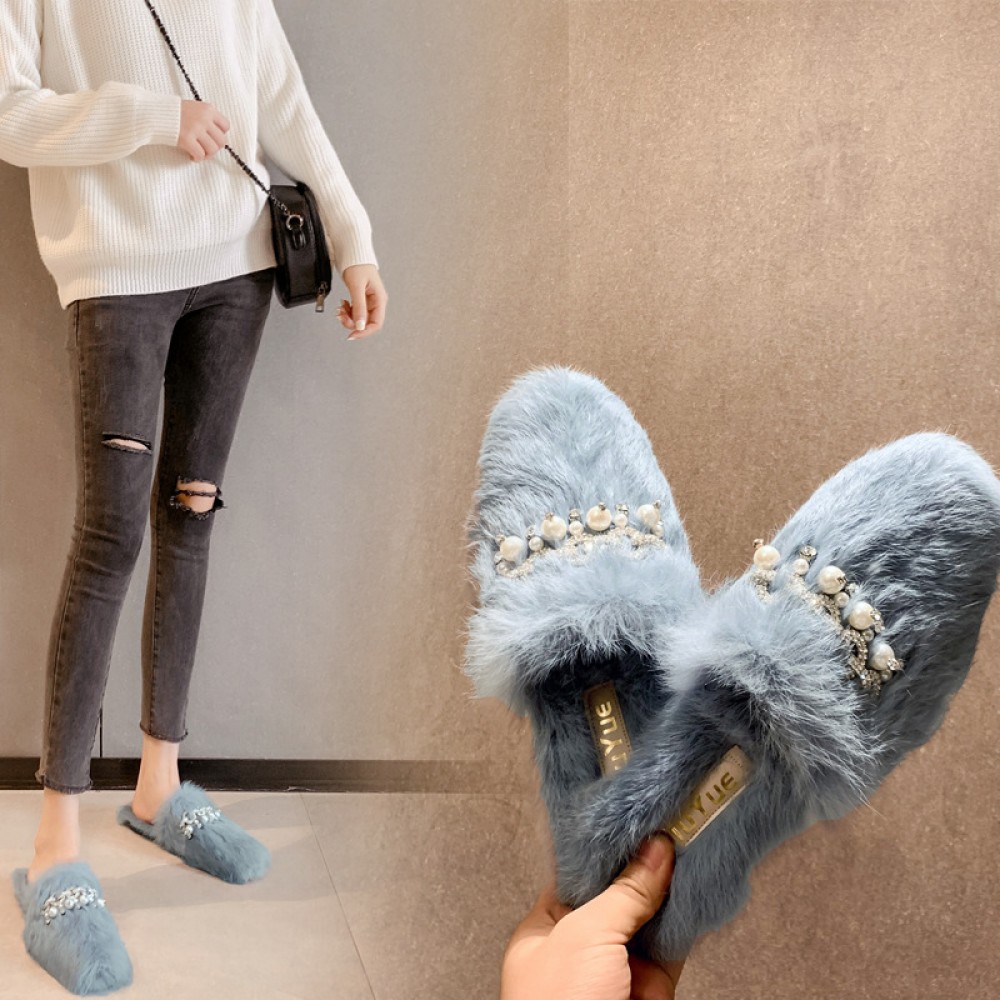 All true rabbit fur shoes autumn and winter new wild diamond pearl half drag