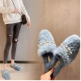 All true rabbit fur shoes autumn and winter new wild diamond pearl half drag