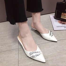 New fashion pointed thin medium heel OL rhinestone semi-toe-head drag