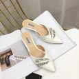 New fashion pointed thin medium heel OL rhinestone semi-toe-head drag
