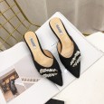 New fashion pointed thin medium heel OL rhinestone semi-toe-head drag