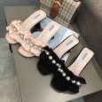 New fashion pearl ruffled high-heeled thick heel OL semi-drag women's shoes