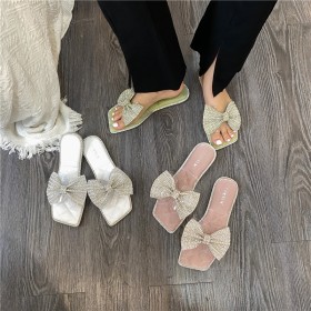 Women's summer new beach shoes bow tie rhinestones flat bottom open toe lazy sandals and slippers