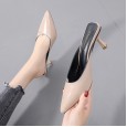 Spring and summer new pointed pointed high-heeled slippers commute wear OL shallow mouth half slippers