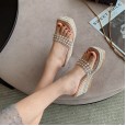 Summer new Roman transparent slope high-heeled square head open-toed beach linen woven thick bottom OL cool female half slippers