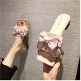 Summer new thick middle-heeled bow rhinestone satin lazy OL female half slippers