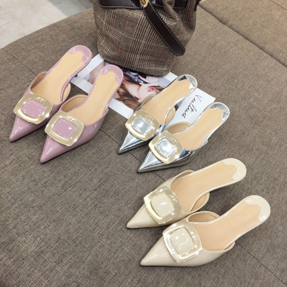 Summer style Baotou drag fashion patent leather middle heel shallow mouth wild OL lazy dress women's shoes L8-