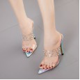 Women's fine high-heeled sandals and slippers spring and summer new pointed rivets transparent heel shoes large size 42