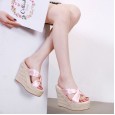Fashionable summer linen weave wedge heel platform thick bottom high heel cross belt half drag female sandals H6