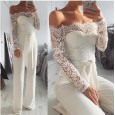 Lace stitching word collar butterfly jumpsuit female big flared trousers