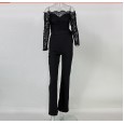 Lace stitching word collar butterfly jumpsuit female big flared trousers