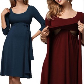 Hot fashion maternity dress wrinkled long belt round neck nursing dress