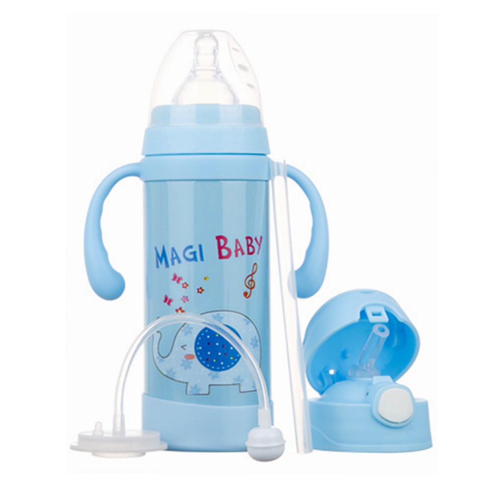 Baby insulated baby bottle children kettle with handle straw nipple dual-use stainless steel cartoon water cup learning drink cup