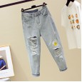 Spring and summer dress new style thin straight high waist ripped jeans female casual loose little daisy nine points old pants