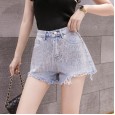 Summer new high waist a word bright diamond denim shorts female raw edge was thin wide leg hot pants