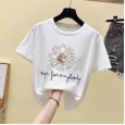 Summer new beaded round neck small daisy short-sleeved T-shirt women's bottoming shirt white ride on top tide