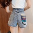 Denim shorts women's summer new tide high waist was thin a word loose wide legs hole letters hot pants