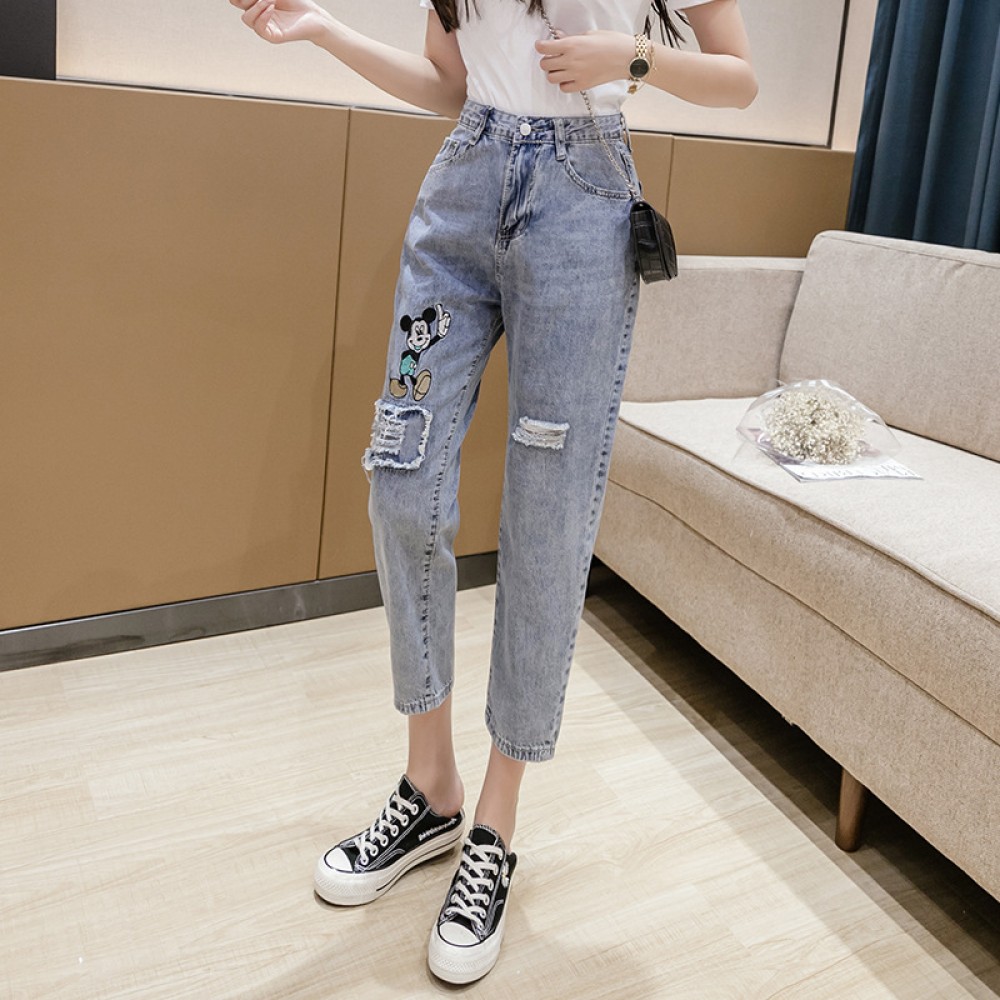 Summer new cartoon embroidered thin jeans women loose and versatile age-reduced holes nine points harem pants tide