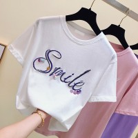 Summer new letter sequin short-sleeved T-shirt female loose white bottoming half-sleeved shirt tide