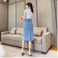 Spring and summer new denim skirt women's mid-length self-cultivation cover hips slim hip waist one-step skirt