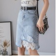 Denim skirt women's new spring and summer fashion temperament lace high waist hole irregular wrap hip step skirt