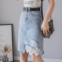 Denim skirt women's new spring and summer fashion temperament lace high waist hole irregular wrap hip step skirt