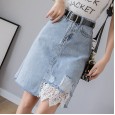 Denim skirt women's new spring and summer fashion temperament lace high waist hole irregular wrap hip step skirt