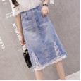 Spring new high-waist lace stitching denim skirt female slim split mid-length skirt a-line skirt
