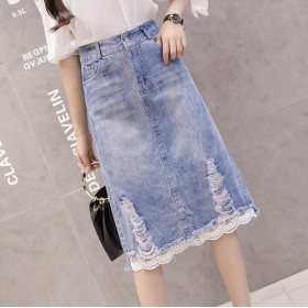 Spring new high-waist lace stitching denim skirt female slim split mid-length skirt a-line skirt