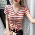 High waist rainbow striped t-shirt female summer tight drawstring slim v-neck exposed navel short-sleeved color short top