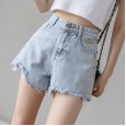 New hole denim shorts women summer light color wild loose a word wide leg pants raw edge hot pants