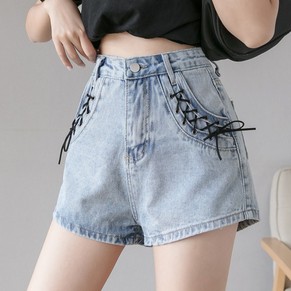 Summer new tide design feels thin drawstring shorts high waist denim shorts female lace wide leg pants