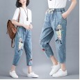 Summer literary plus size cartoon embroidered jeans elastic waist band loose loose fashion thin harem pants women