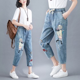 Summer literary plus size cartoon embroidered jeans elastic waist band loose loose fashion thin harem pants women