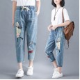 Summer literary plus size cartoon embroidered jeans elastic waist band loose loose fashion thin harem pants women