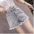 Denim shorts women's spring and summer new wide-leg pants diamond heavy industry diamond high waist wild tassel hot pants tide