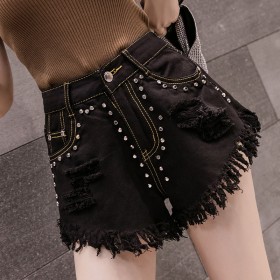 Summer new wide leg rivet ripped tassel jeans high waist was thin women's raw shorts tide