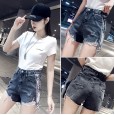 Spring and summer retro slim black pants irregular denim shorts female ripped wide-leg hot pants