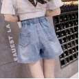 Denim shorts female summer new high waist elastic waist wide leg pants a word loose wild lace hot pants