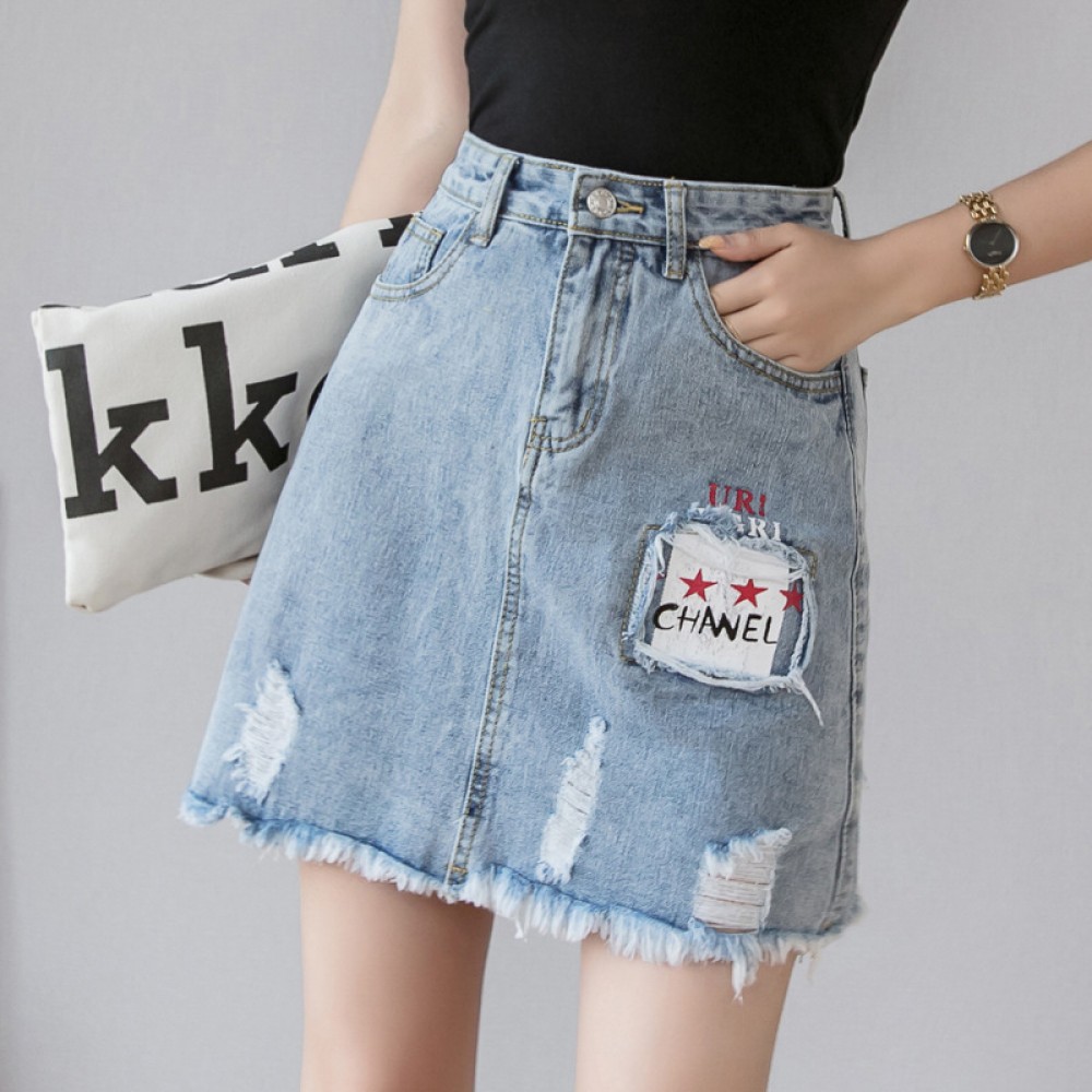 Denim short skirt female spring new skirt high waist slim a-line skirt was thin package hip skirt