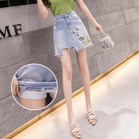 Super hot skirt women's spring and summer new irregular a-line skirt high waist was thin embroidered denim skirt