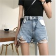 Summer style plus size loose wild edge ripped hole washed denim shorts women