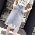 Denim skirt female spring new raw edge lace stitching denim skirt long long irregular hole skirt