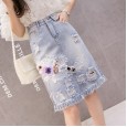 Broken denim mid-length skirt female spring new beaded embroidery tassel high waist a word was thin package hip skirt