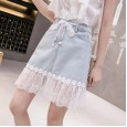 Mesh stitching denim skirt female spring new lace lace bag hip A sub skirt female