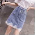 High waist denim skirt women spring and autumn new fashion breasted lace stitching lace bag hip skirt