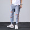 Jeans men's broken hole tide brand beam feet feet long pants nine points pants casual wild summer