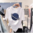 Summer new women's planet sequin short-sleeved t-shirt female loose bottoming shirt top