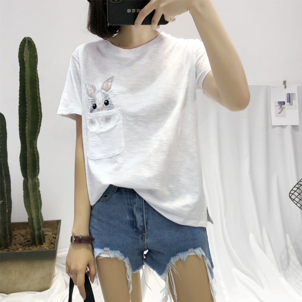 Summer new large size women's slub cotton short-sleeved T-shirt female rabbit embroidery bottoming ladies top