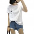 Summer new large size women's slub cotton short-sleeved T-shirt female rabbit embroidery bottoming ladies top